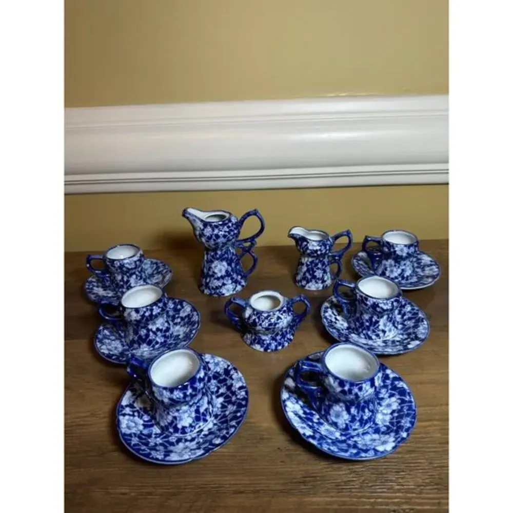 Victoria Ware Stoneware Small Tea Cups Saucers Sugar Creamer Cobalt Flue Floral